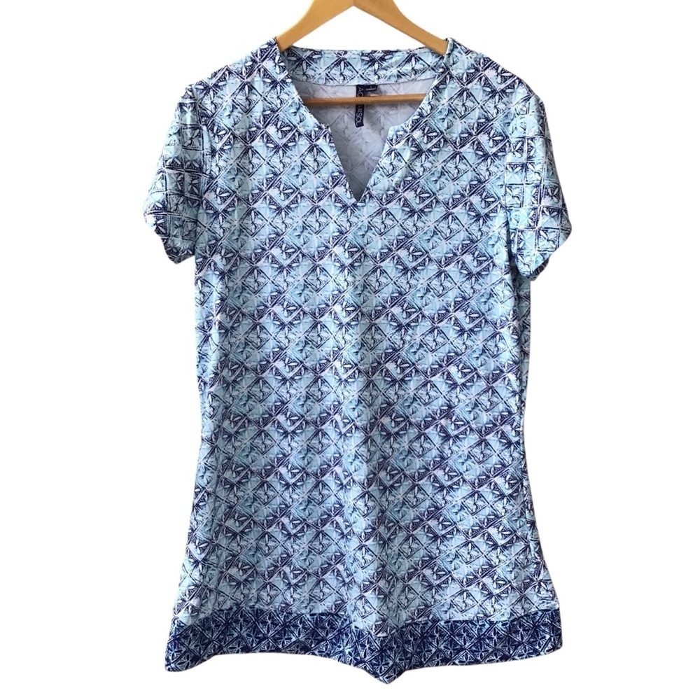 Aqua Et Sol Swim Cover-up Tunic Dress UPF 50 Short Sleeve Blue White NEW